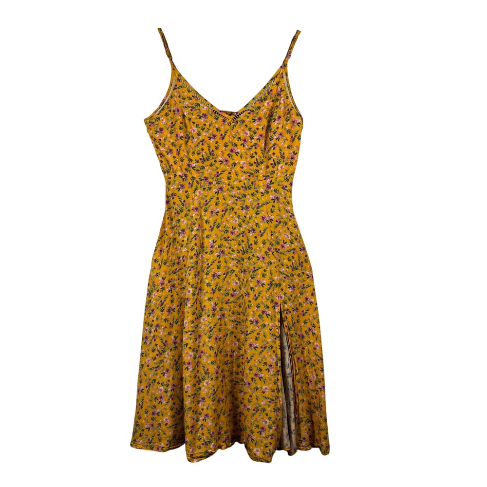 Lulus Mini Dress Womens Mustard Yellow Floral Slit Crochet Trim Size‎ S